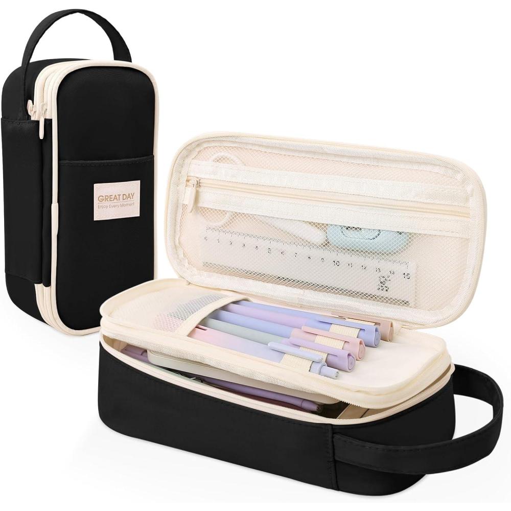 imageSKYDUE Large Capacity Pencil Case Organizer  Aesthetic School Supply Bag for Students ampamp Adults Zippered Pencil Pouch with MultiCompartment BlackBlack