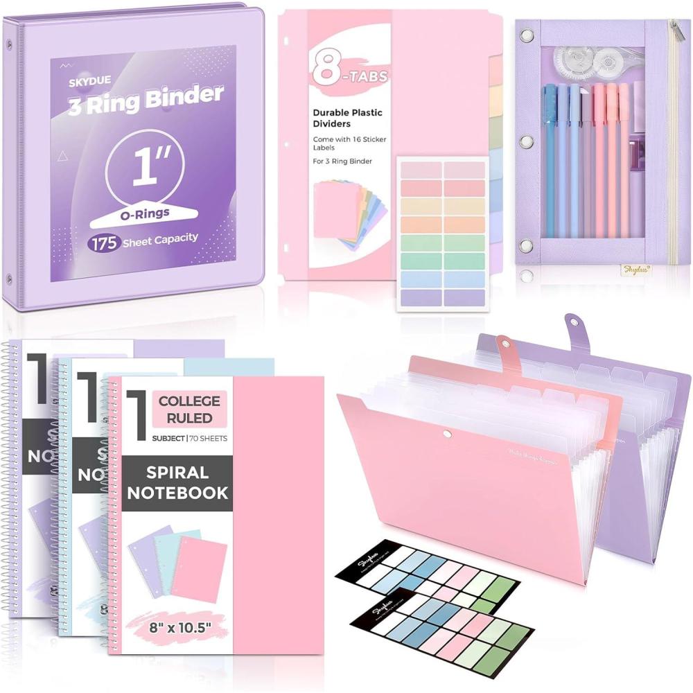 imageSKYDUE School Supplies Set  1quot 3Ring Binder 2 Expanding File Folders 3 Spiral Notebooks 8 Tab Dividers ampamp Pencil Pouch  Cute Stationery for High School Stude College Essentials PurplePurple