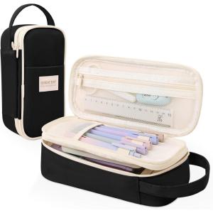 SKYDUE Large Capacity Pencil Case Organizer – Aesthetic School Supply Bag for Students & Adults, Zippered Pencil Pouch with Multi-Compartment Black(Black)