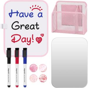 SKYDUE Locker Accessories Kit for Girls – Includes Magnetic Whiteboard, Locker Mirror, Magnetic Pen Holder, and Magnets – Perfect for School Locker Decorations and Back to School Supplies (Pink)
