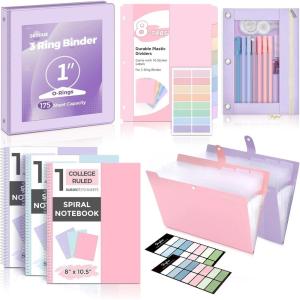 SKYDUE School Supplies Set – 1″ 3-Ring Binder, 2 Expanding File Folders, 3 Spiral Notebooks, 8 Tab Dividers & Pencil Pouch – Cute Stationery for High School Stude, College Essentials Purple(Purple)