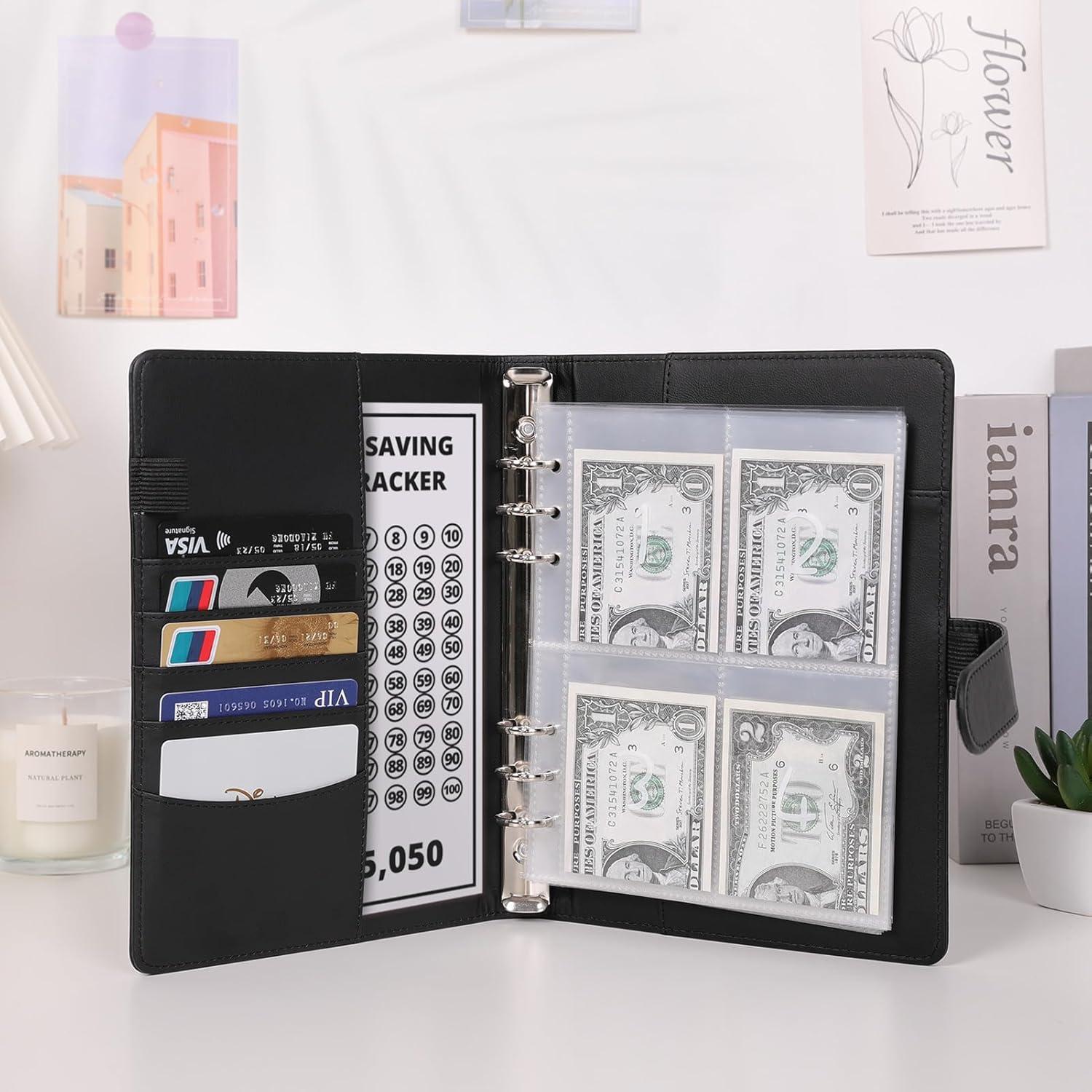 imageSKYDUE 100 Envelopes Money Savin Challenge Binder A5 Money Saving Budget Binder with Cash Envelopes Savings Challenges Book to Save 5050Blackleaf