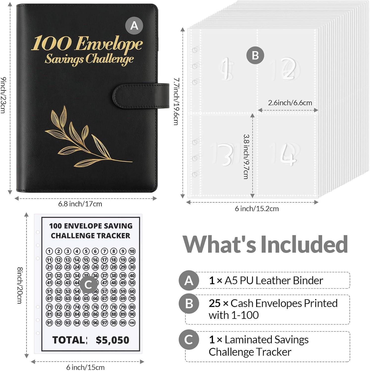 imageSKYDUE 100 Envelopes Money Savin Challenge Binder A5 Money Saving Budget Binder with Cash Envelopes Savings Challenges Book to Save 5050Blackleaf