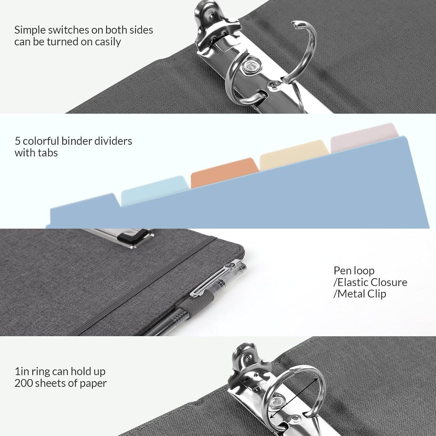 imageSKYDUE Clipboard Binder with Dividers1 Inch Linen 3 Ring Binder with Clipboard on Front for Organizer Clipboard Folder with Pocket Labels Office Supplies OliveGreenGray