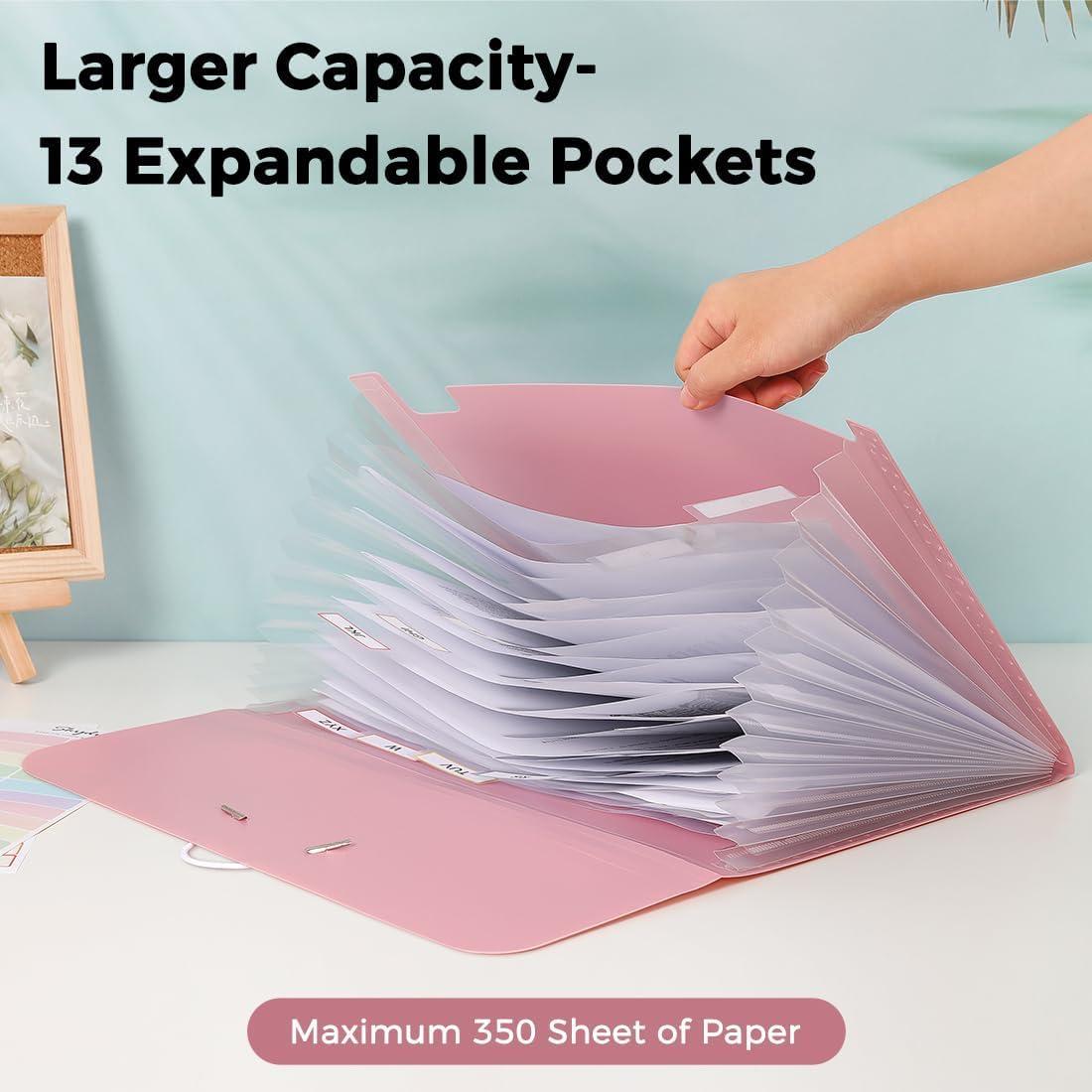 imageSKYDUE Expanding File Folder Accordion File Organizer with 13 Pockets for A4Letter Sized Paper Accordion Folder with Labels Document Receipt Organizer for Office School HomePink