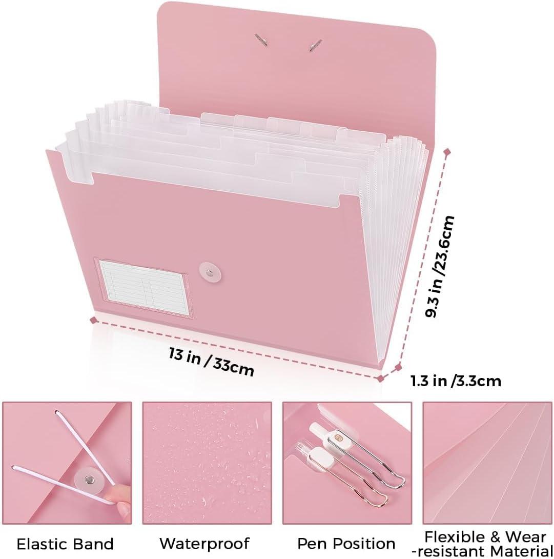 imageSKYDUE Expanding File Folder Accordion File Organizer with 13 Pockets for A4Letter Sized Paper Accordion Folder with Labels Document Receipt Organizer for Office School HomePink