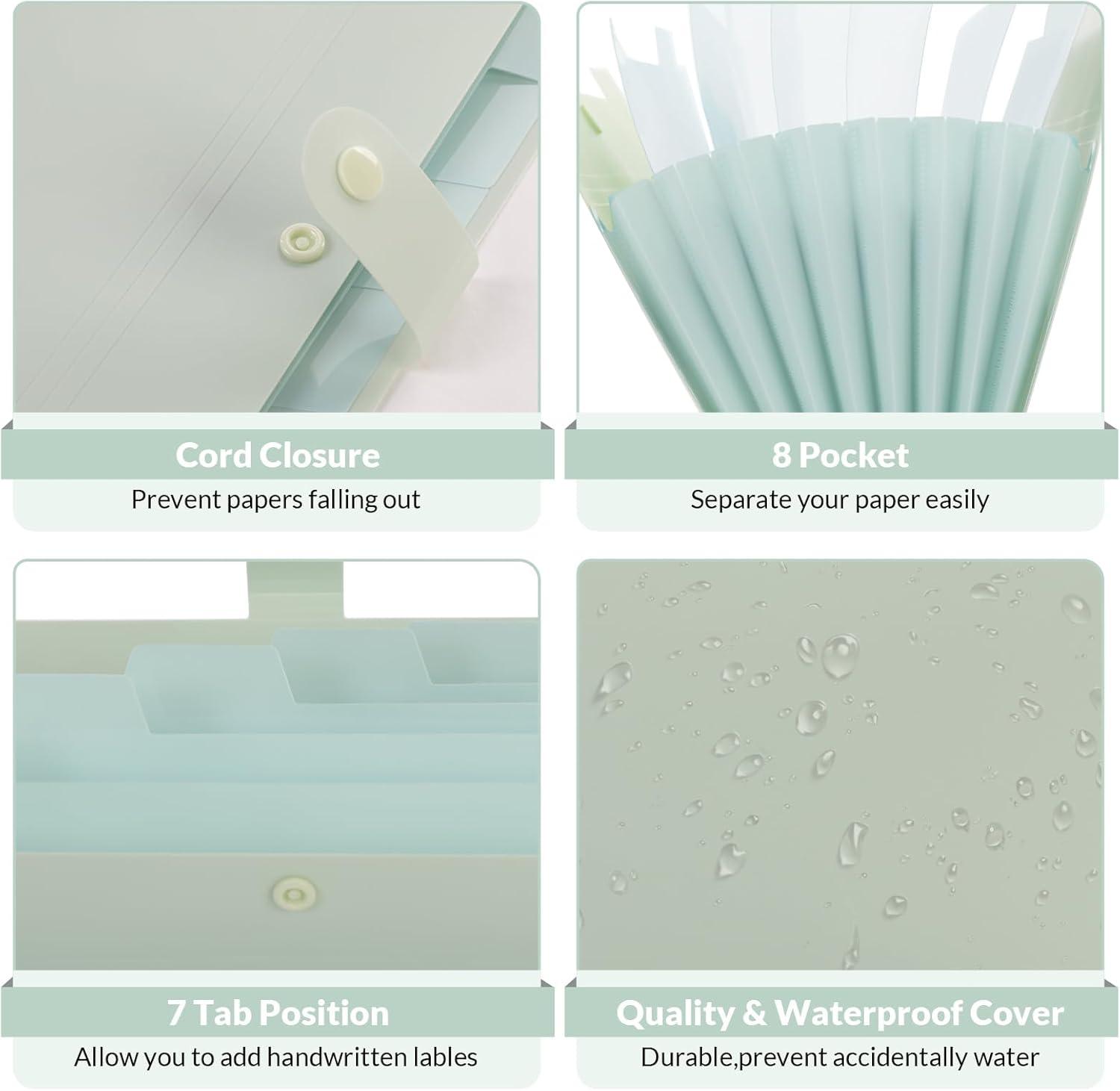 imageSKYDUE Expanding File Folders with 8 Pockets Accordion File Organizer with Labels Portable Paper Bill Receipt Organizer Letter Size Home School Office Supplies Olive GreenLight Green