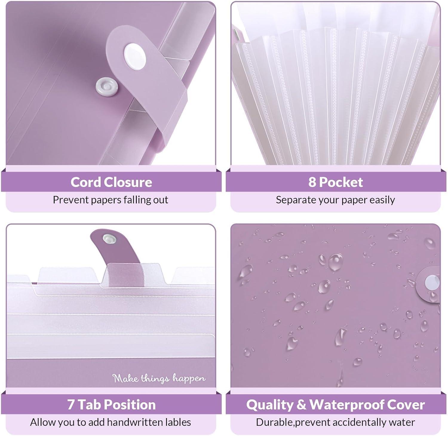 imageSKYDUE Expanding File Folders with 8 Pockets Accordion File Organizer with Labels Portable Paper Bill Receipt Organizer Letter Size Home School Office Supplies Olive GreenTaro Purple