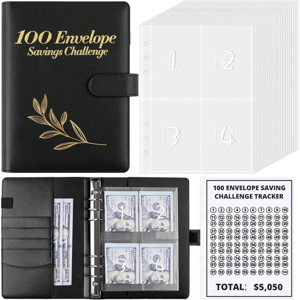 imageSKYDUE 100 Envelopes Money Savin Challenge Binder A5 Money Saving Budget Binder with Cash Envelopes  Savings Challenges Book to Save 5050Blackleaf