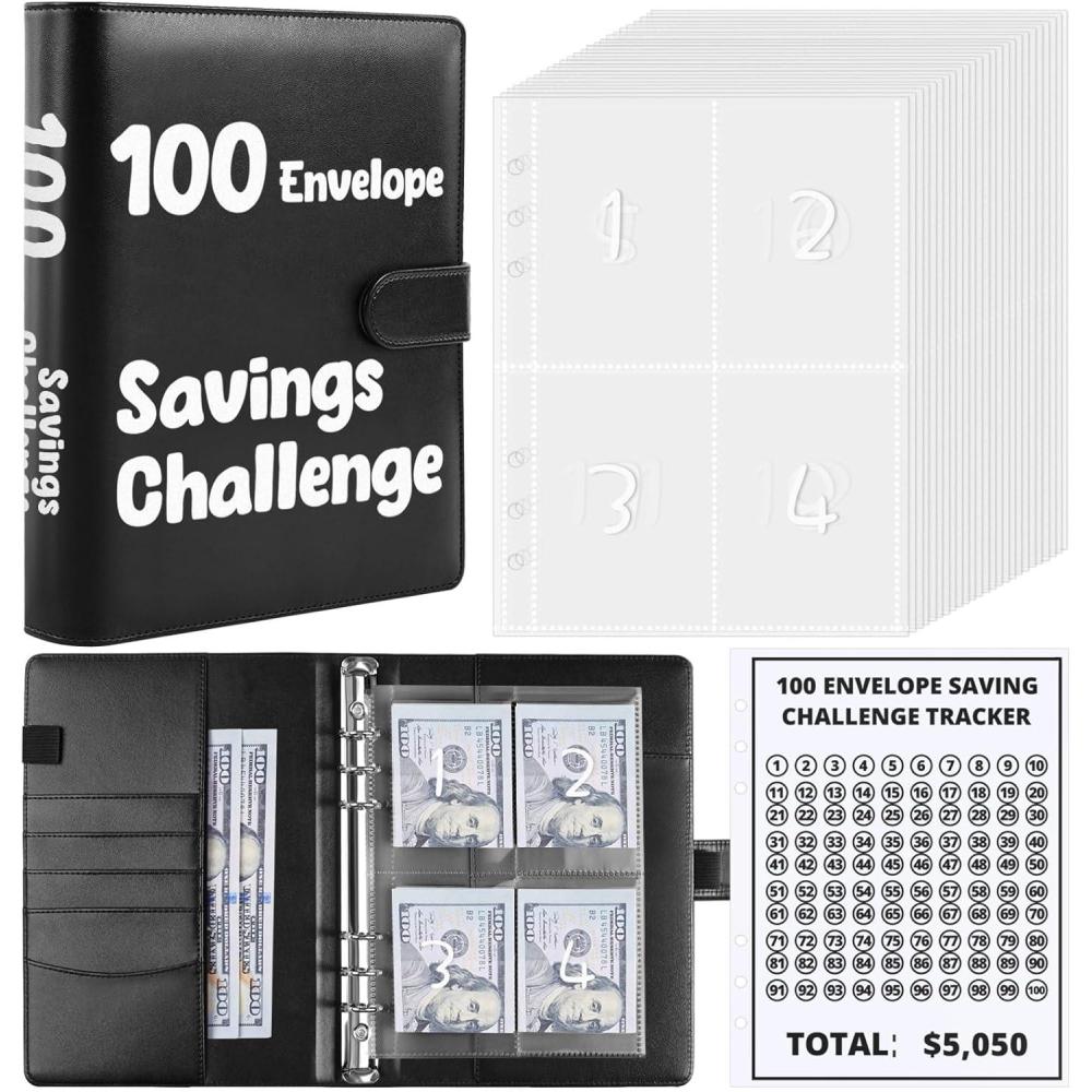 imageSKYDUE 100 Envelopes Money Savin Challenge Binder A5 Money Saving Budget Binder with Cash Envelopes  Savings Challenges Book to Save 5050Blak