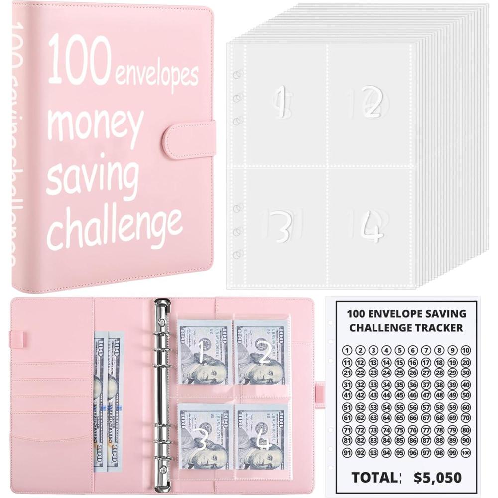 imageSKYDUE 100 Envelopes Money Savin Challenge Binder A5 Money Saving Budget Binder with Cash Envelopes  Savings Challenges Book to Save 5050Pink