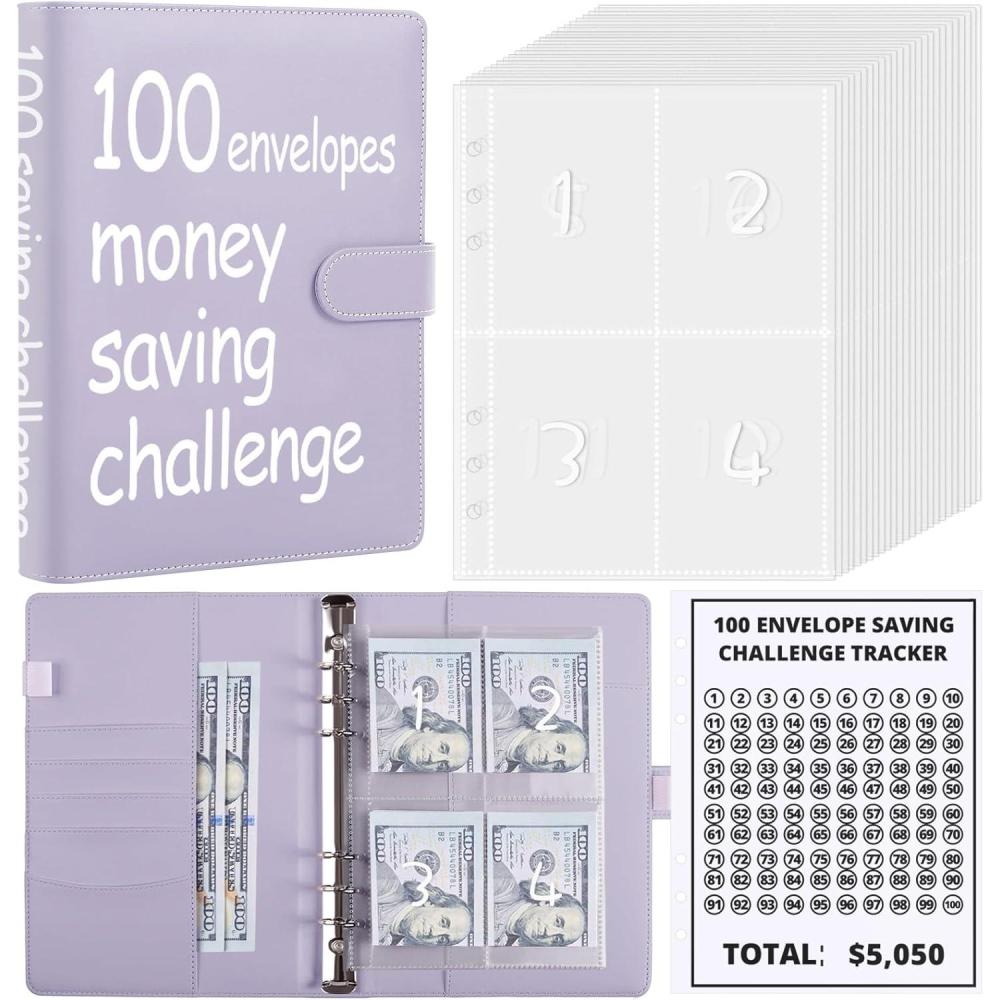 imageSKYDUE 100 Envelopes Money Savin Challenge Binder A5 Money Saving Budget Binder with Cash Envelopes  Savings Challenges Book to Save 5050Purple