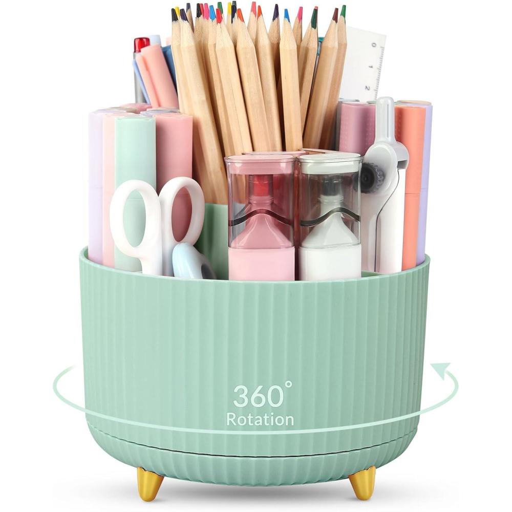 imageSKYDUE 360 Degree Rotating Desk Organizer DualPurpose Pencil Pen Holder for Desktop Rotating Desk Pen Organizer with 5 Slots Pencil Cup for School Home Office Supplies Bean GreenBean Green