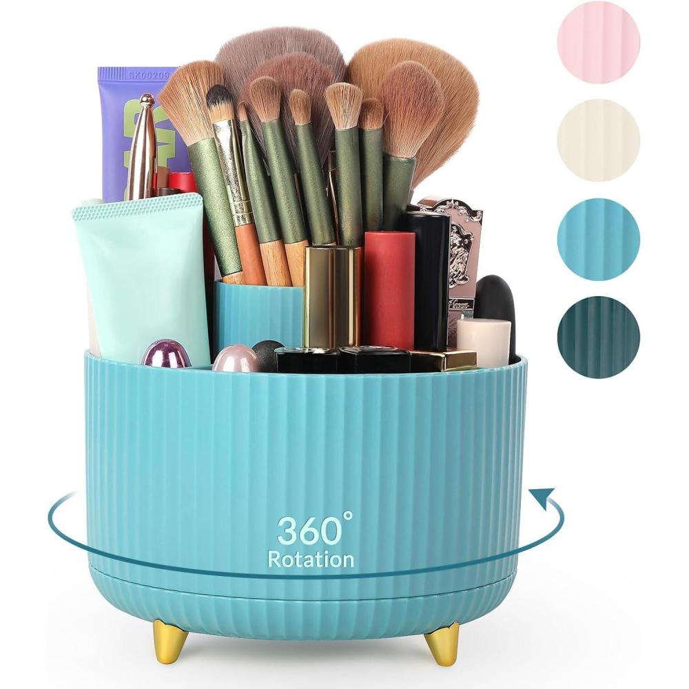 imageSKYDUE 360 Degree Rotating Desk Organizer DualPurpose Pencil Pen Holder for Desktop Rotating Desk Pen Organizer with 5 Slots Pencil Cup for School Home Office Supplies Bean GreenBlue