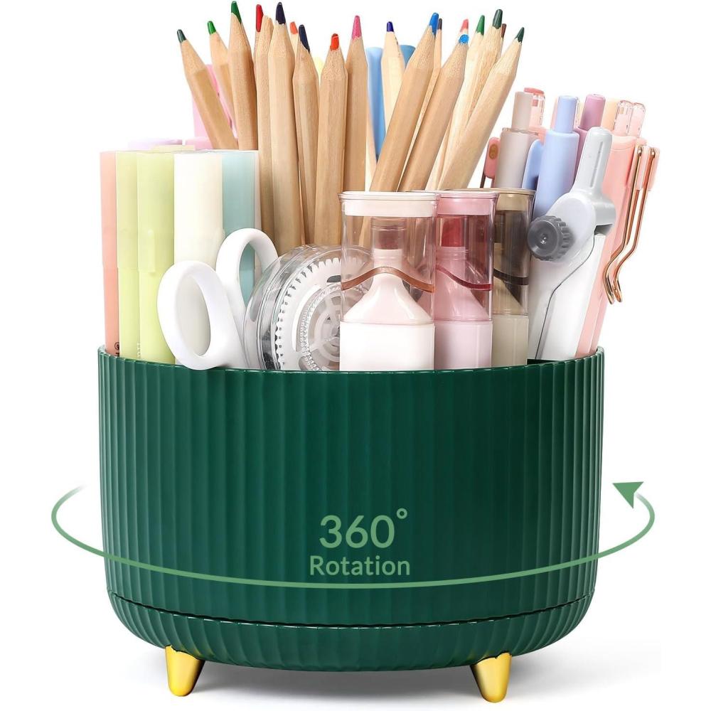 imageSKYDUE 360 Degree Rotating Desk Organizer DualPurpose Pencil Pen Holder for Desktop Rotating Desk Pen Organizer with 5 Slots Pencil Cup for School Home Office Supplies Bean GreenDarkGreen