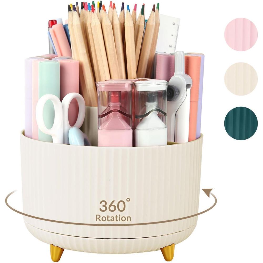 imageSKYDUE 360 Degree Rotating Desk Organizer DualPurpose Pencil Pen Holder for Desktop Rotating Desk Pen Organizer with 5 Slots Pencil Cup for School Home Office Supplies Bean GreenBeige
