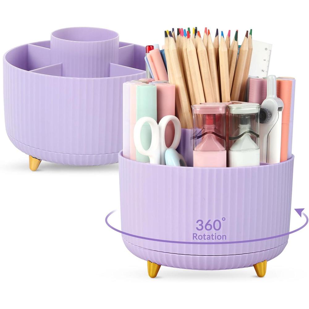 imageSKYDUE 360 Degree Rotating Desk Organizer DualPurpose Pencil Pen Holder for Desktop Rotating Desk Pen Organizer with 5 Slots Pencil Cup for School Home Office Supplies Bean GreenPurple2Pack