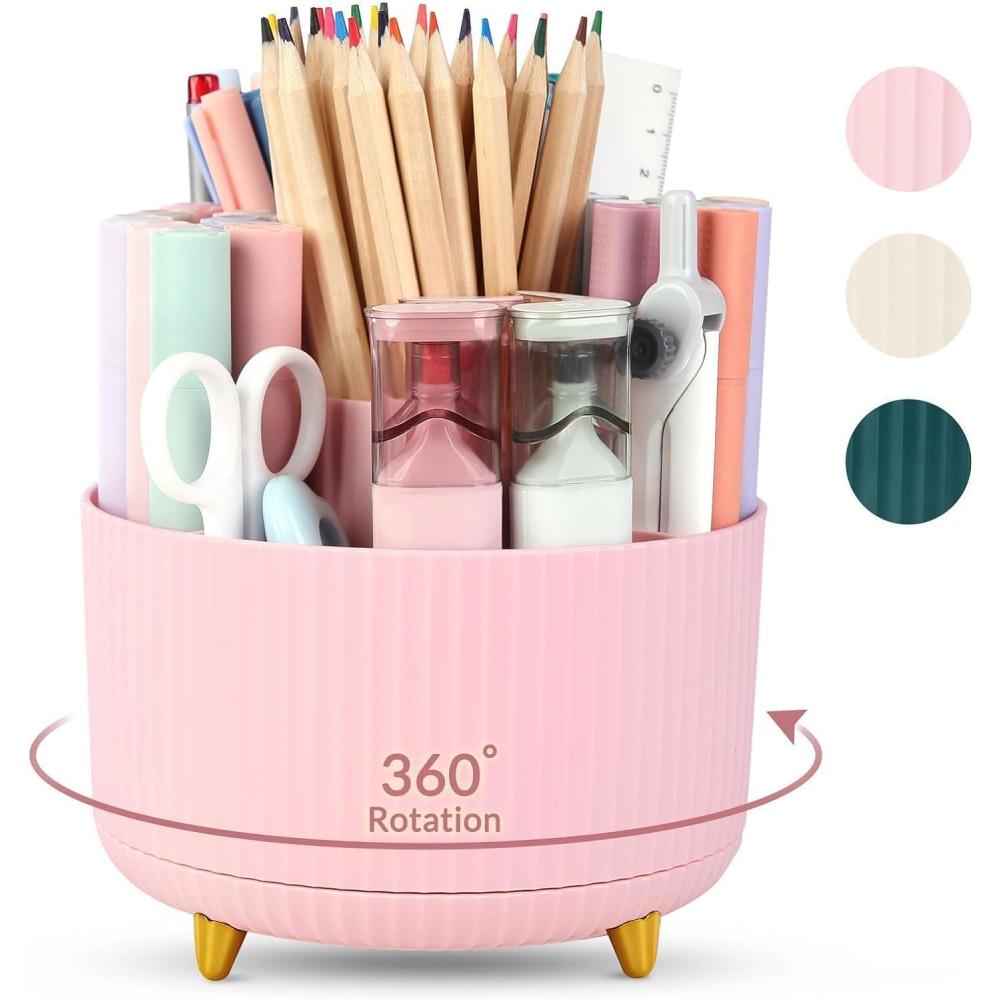 imageSKYDUE 360 Degree Rotating Desk Organizer DualPurpose Pencil Pen Holder for Desktop Rotating Desk Pen Organizer with 5 Slots Pencil Cup for School Home Office Supplies Bean GreenPink