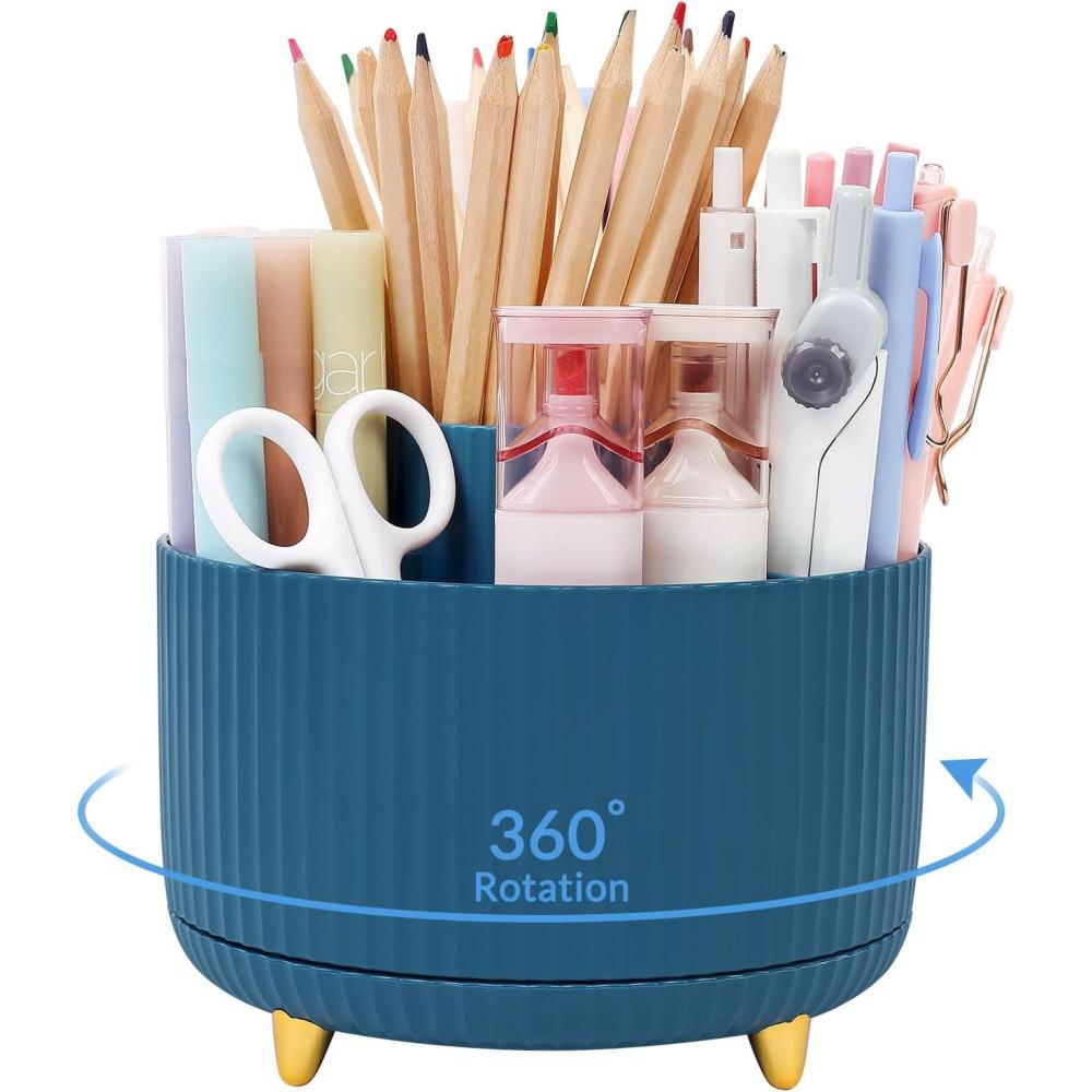 imageSKYDUE 360 Degree Rotating Desk Organizer DualPurpose Pencil Pen Holder for Desktop Rotating Desk Pen Organizer with 5 Slots Pencil Cup for School Home Office Supplies Bean GreenDark Blue