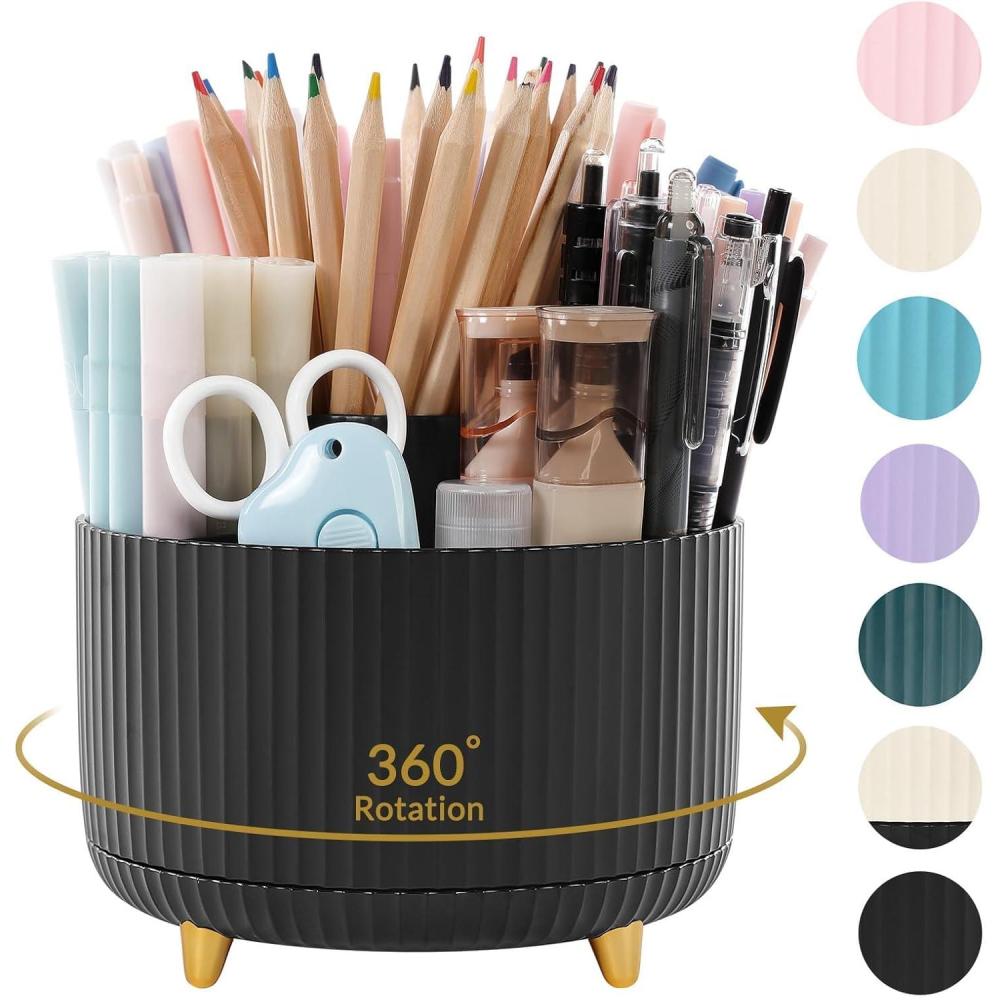 imageSKYDUE 360 Degree Rotating Desk Organizer DualPurpose Pencil Pen Holder for Desktop Rotating Desk Pen Organizer with 5 Slots Pencil Cup for School Home Office Supplies Bean GreenBlack