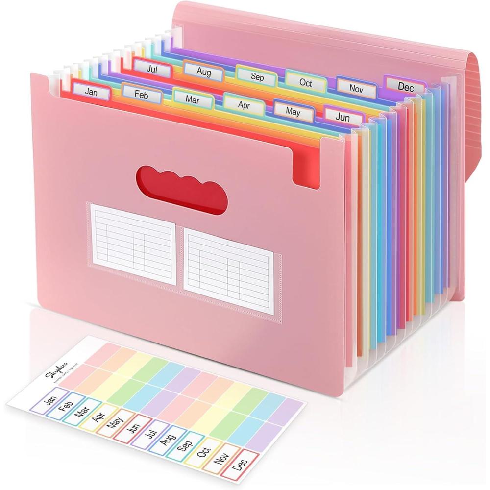imageSKYDUE Accordion File Organizer 13 Pocket Document Organizer Expanding File Folder with Labels for Letter A4 Size Office School Filing Use GreenPink