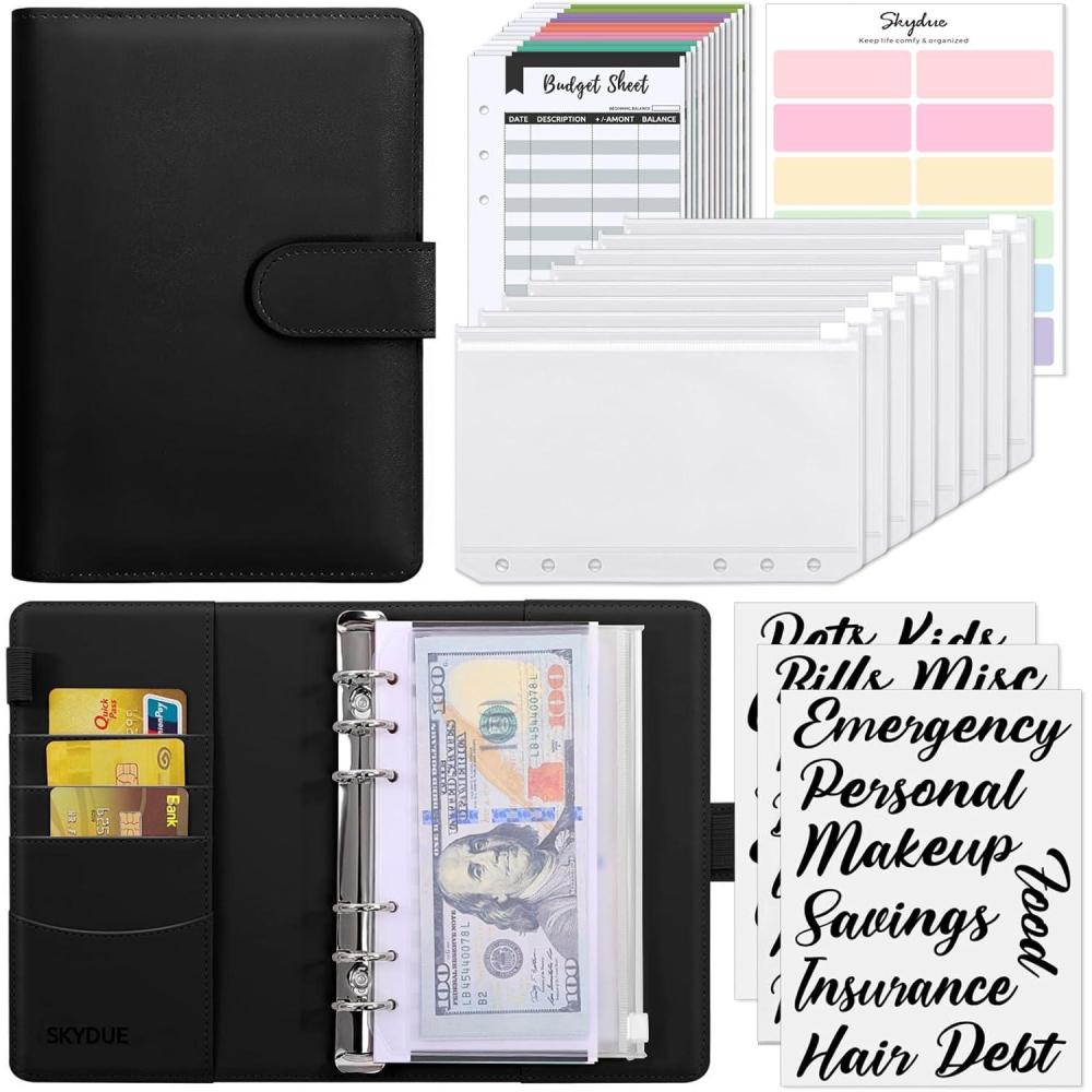 imageSKYDUE Budget Binder Money Saving Binder with Zipper Envelopes Cash Envelopes and Expense Budget Sheets for Budgeting DarkGreenBlack