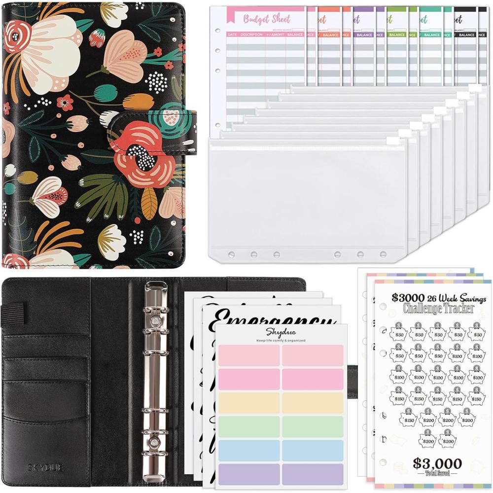 imageSKYDUE Budget Binder Money Saving Binder with Zipper Envelopes Cash Envelopes and Expense Budget Sheets for Budgeting DarkGreenDusky Flowers