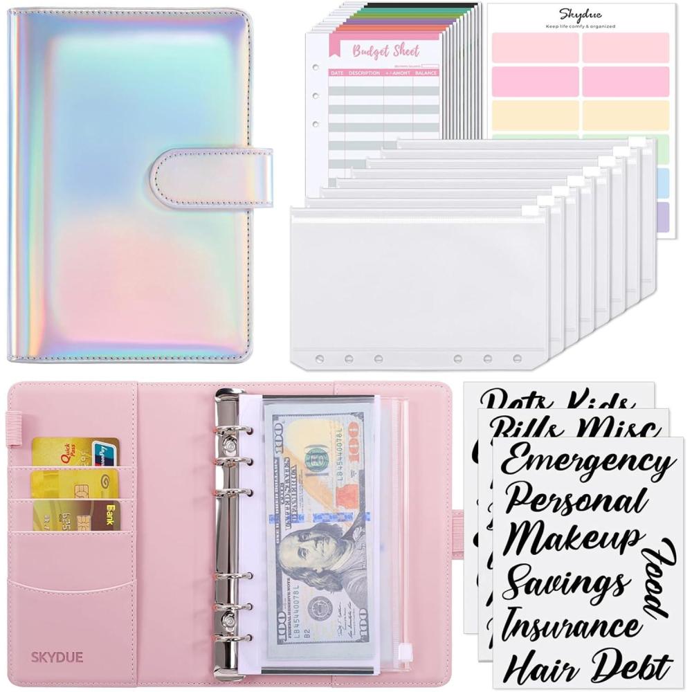 imageSKYDUE Budget Binder Money Saving Binder with Zipper Envelopes Cash Envelopes and Expense Budget Sheets for Budgeting DarkGreenLaser Silver