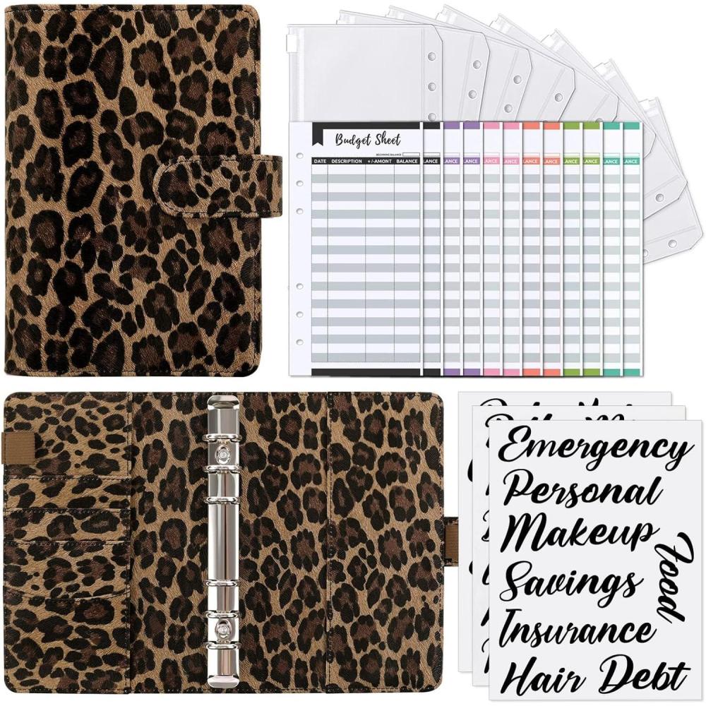 imageSKYDUE Budget Binder Money Saving Binder with Zipper Envelopes Cash Envelopes and Expense Budget Sheets for Budgeting DarkGreenLeopard Brown