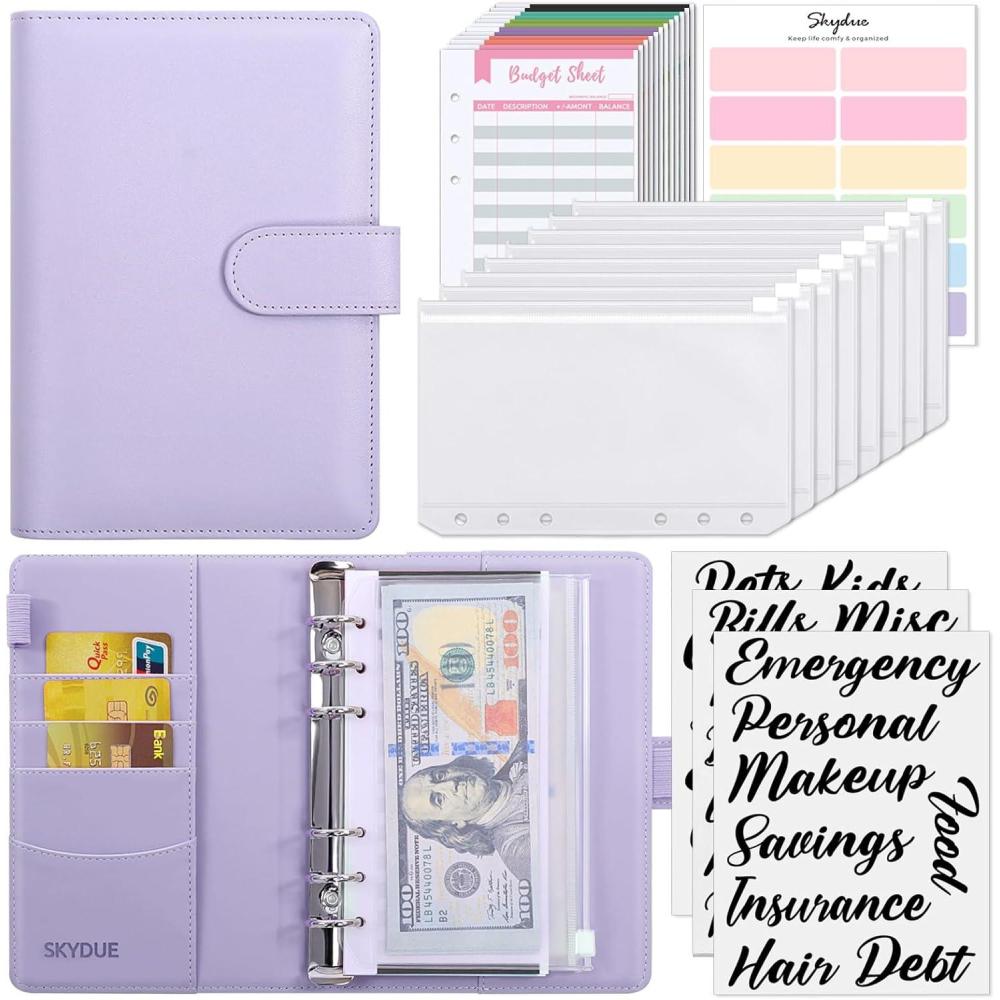 imageSKYDUE Budget Binder Money Saving Binder with Zipper Envelopes Cash Envelopes and Expense Budget Sheets for Budgeting DarkGreenPurple