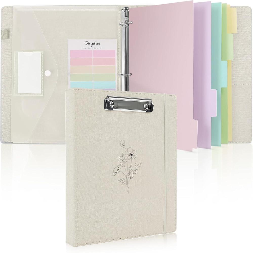 imageSKYDUE Clipboard Binder with Dividers1 Inch Linen 3 Ring Binder with Clipboard on Front for Organizer Clipboard Folder with Pocket Labels Office Supplies OliveGreenBeige