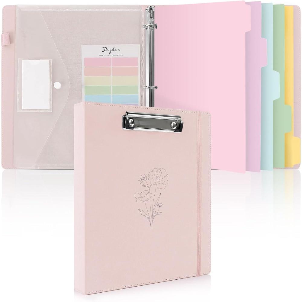imageSKYDUE Clipboard Binder with Dividers1 Inch Linen 3 Ring Binder with Clipboard on Front for Organizer Clipboard Folder with Pocket Labels Office Supplies OliveGreenPink