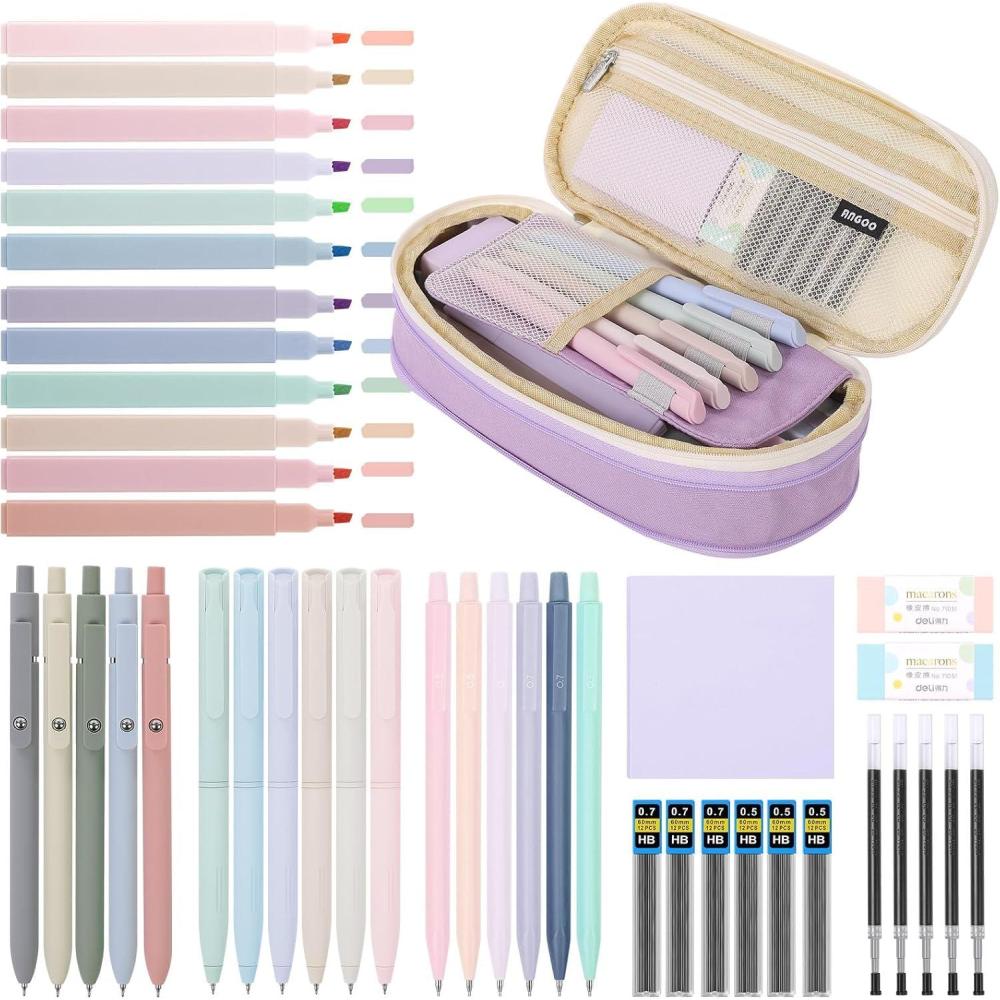imageSKYDUE Cute School Supplies 44 PCS Aesthetic Pencil Case with 12 Pastel Highlighters 5 Black Gel Pens 6 Color Gel Pens ampamp Mechanical Pencils College Essentials Students Stationary Set GreenPurple