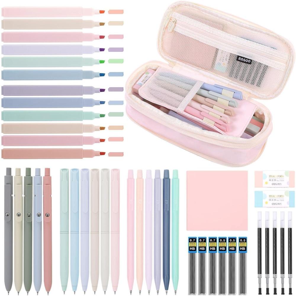 imageSKYDUE Cute School Supplies 44 PCS Aesthetic Pencil Case with 12 Pastel Highlighters 5 Black Gel Pens 6 Color Gel Pens ampamp Mechanical Pencils College Essentials Students Stationary Set GreenPink