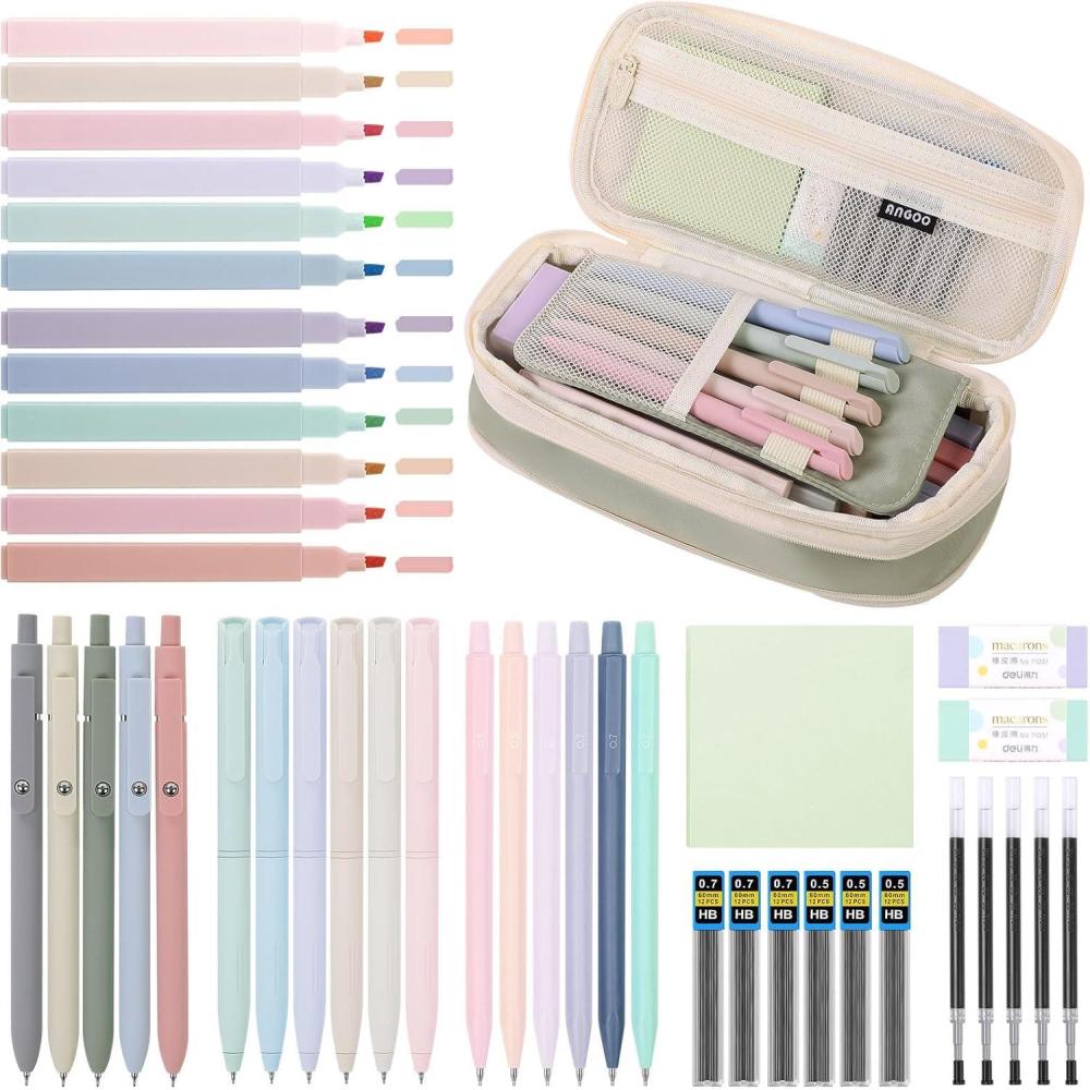 imageSKYDUE Cute School Supplies 44 PCS Aesthetic Pencil Case with 12 Pastel Highlighters 5 Black Gel Pens 6 Color Gel Pens ampamp Mechanical Pencils College Essentials Students Stationary Set GreenGreen