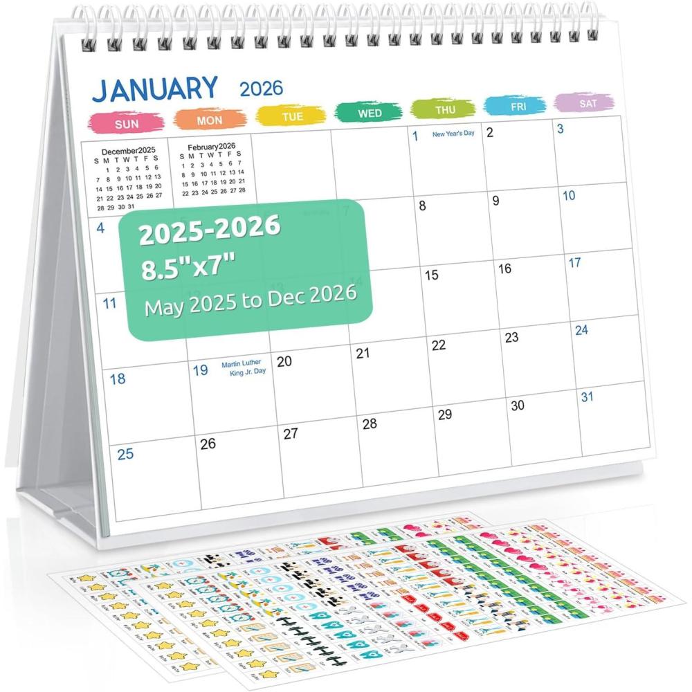 imageSKYDUE Desk Calendar 20252026 18 Months Calendar from Jul 2025 to Dec 2026 85quot x 7quot Standing Flip Small Desk Calendar Holiday ThemeRainbow
