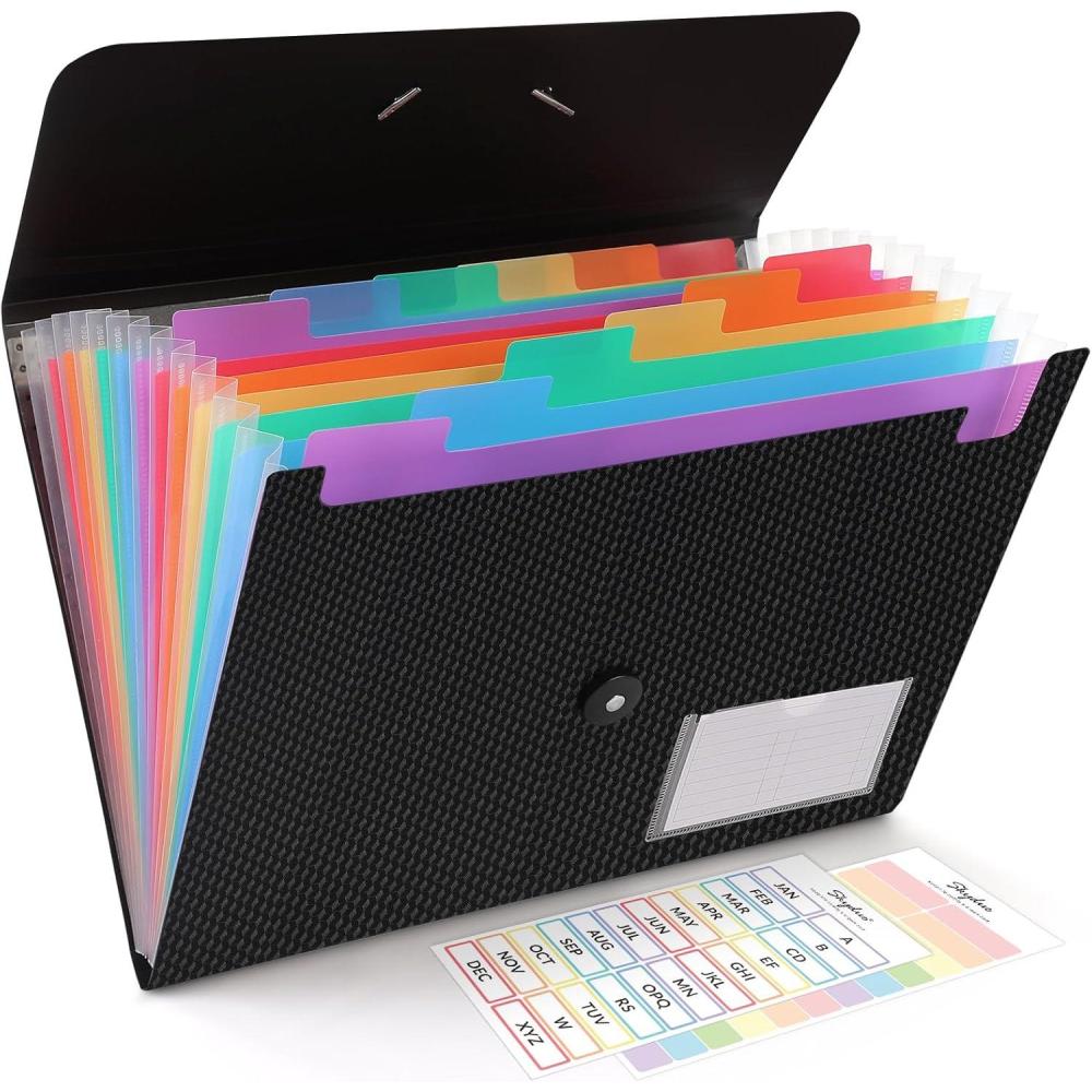 imageSKYDUE Expanding File Folder Accordion File Organizer with 13 Pockets for A4Letter Sized Paper Accordion Folder with Labels  Document Receipt Organizer for Office School HomeBlak