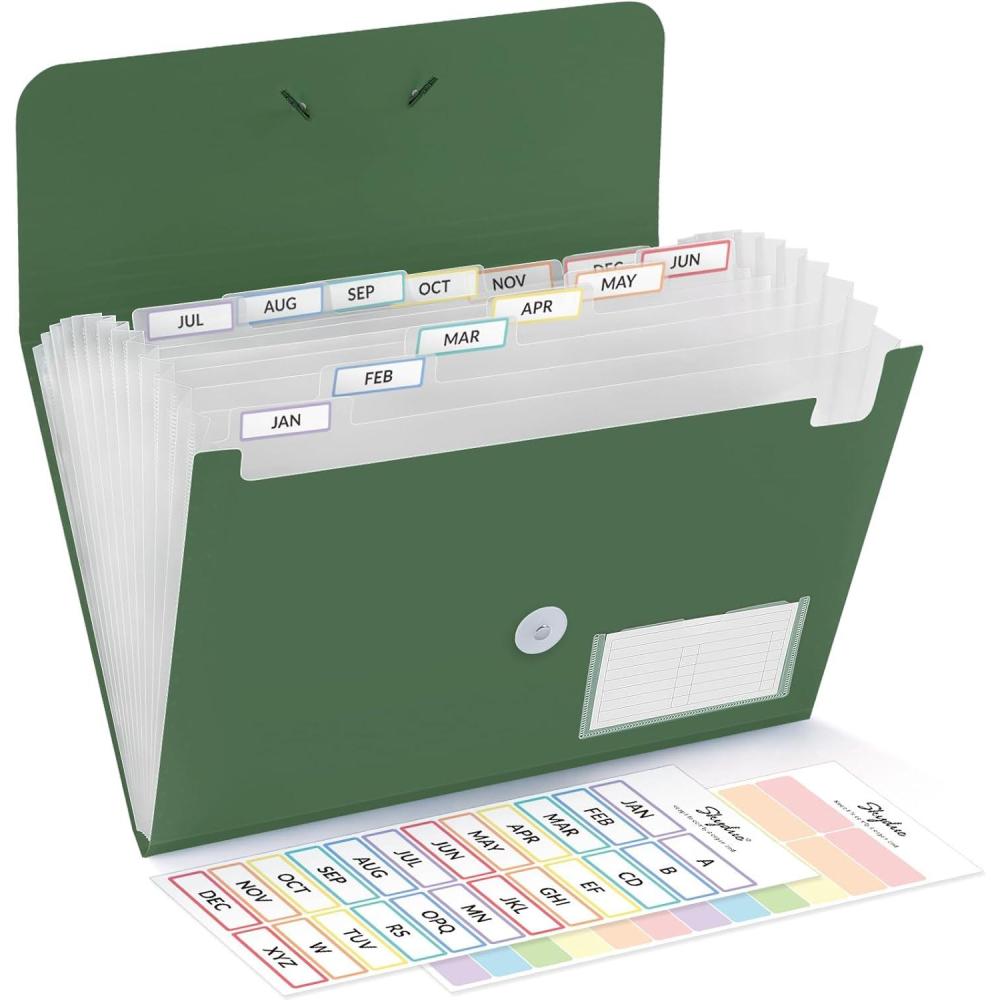 imageSKYDUE Expanding File Folder Accordion File Organizer with 13 Pockets for A4Letter Sized Paper Accordion Folder with Labels  Document Receipt Organizer for Office School HomeOlivegreen