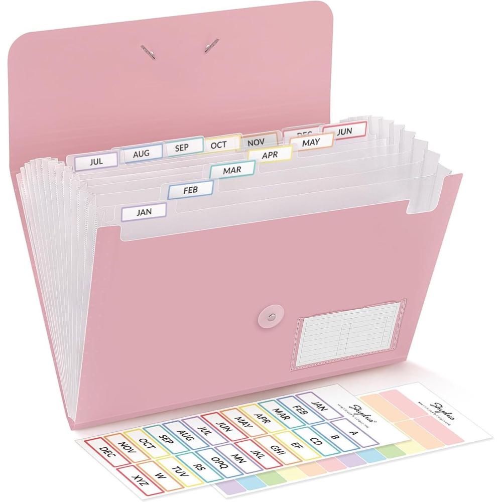 imageSKYDUE Expanding File Folder Accordion File Organizer with 13 Pockets for A4Letter Sized Paper Accordion Folder with Labels  Document Receipt Organizer for Office School HomePink