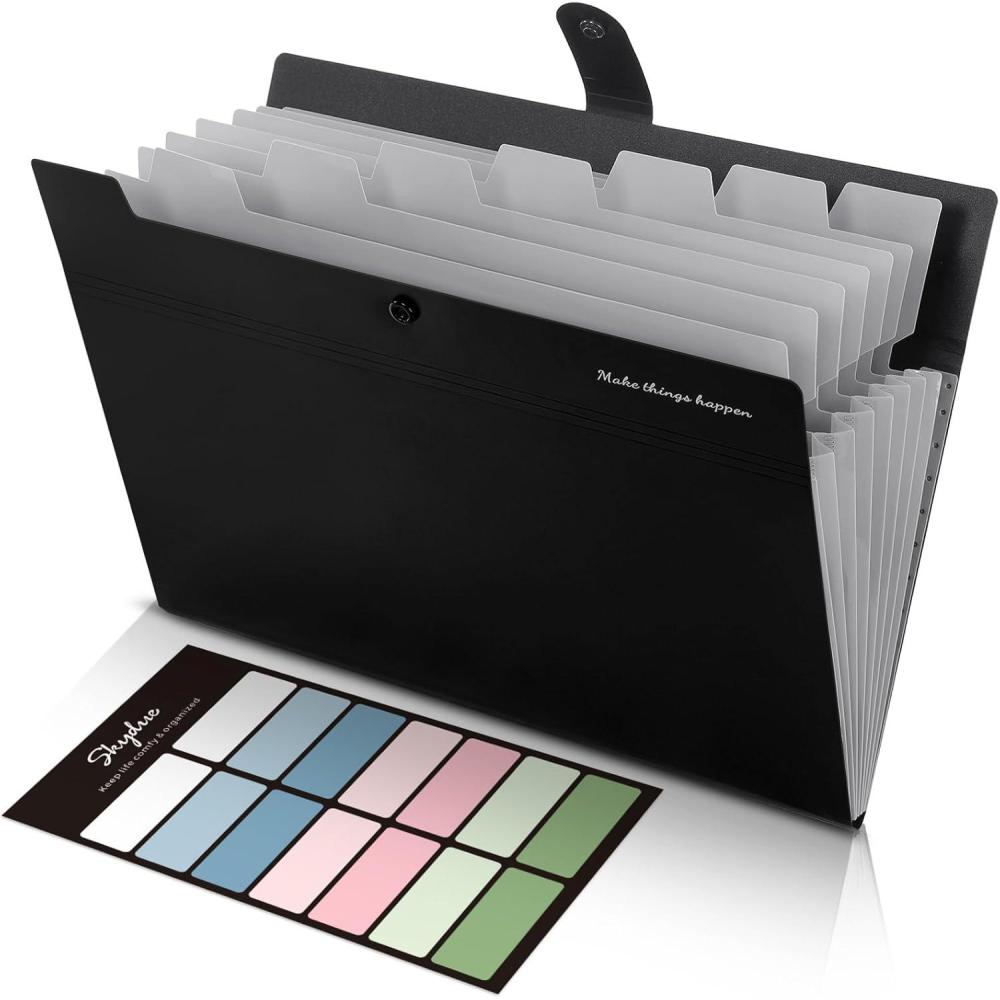 imageSKYDUE Expanding File Folders with 8 Pockets Accordion File Organizer with Labels Portable Paper Bill Receipt Organizer Letter Size Home School Office Supplies Olive GreenBlackcm