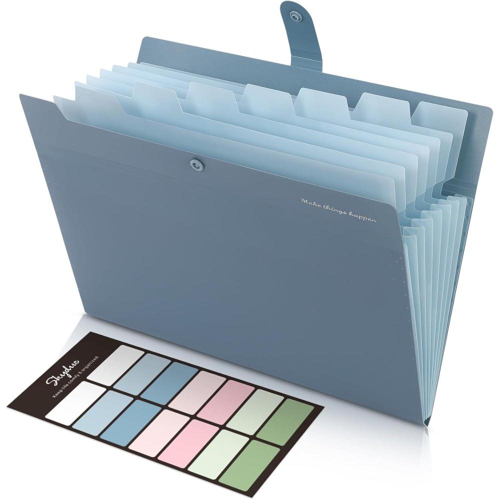 imageSKYDUE Expanding File Folders with 8 Pockets Accordion File Organizer with Labels Portable Paper Bill Receipt Organizer Letter Size Home School Office Supplies Olive GreenHaze Blue