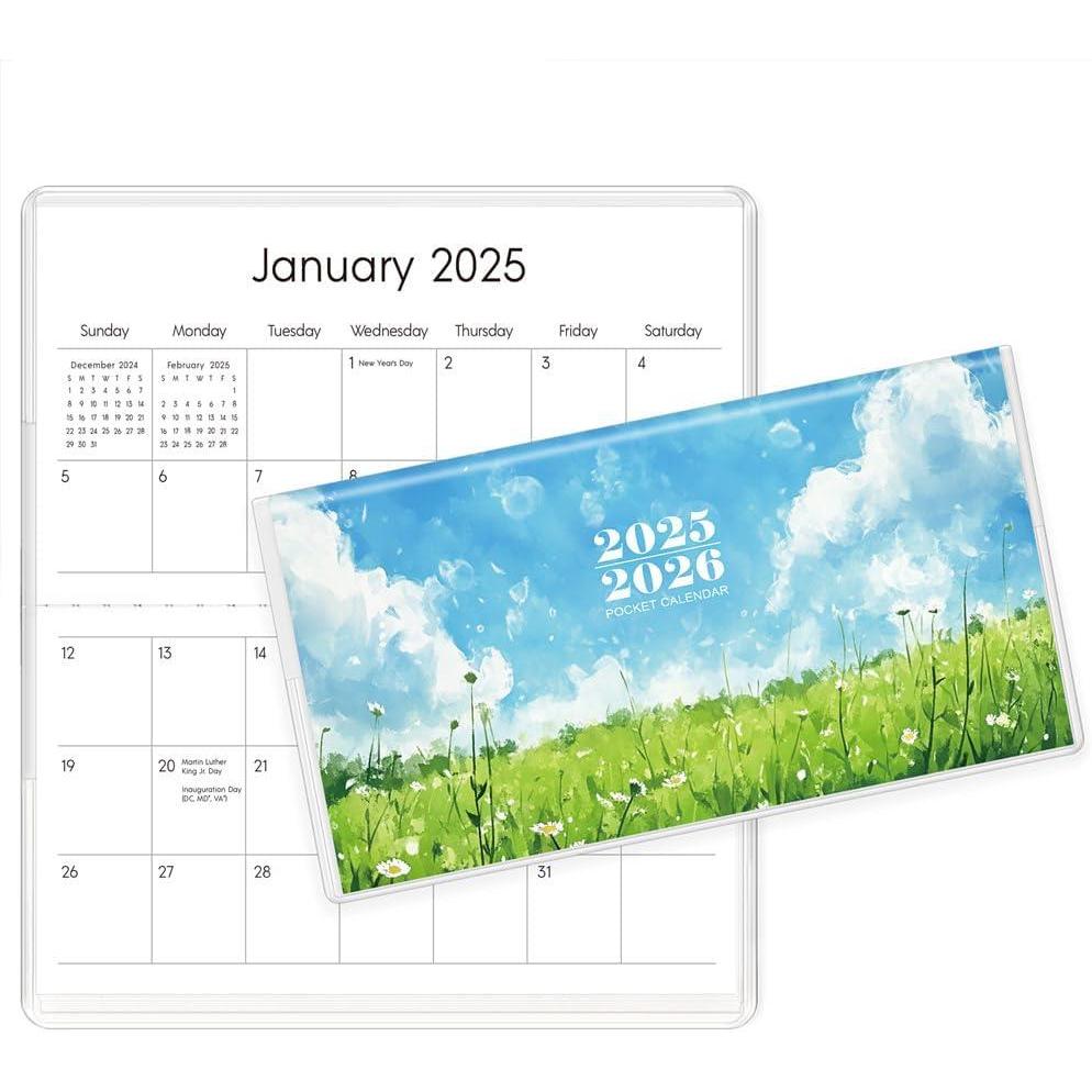 imageSKYDUE Pocket Calendar 20252026 for Purse 65quot x 35quot 24 Months Pocket Planner with Soft Waterproof Cover and Premium Paper GreenOilpainting