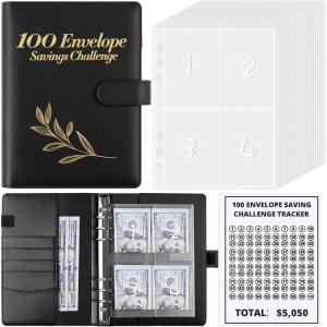 SKYDUE 100 Envelopes Money Savin Challenge Binder, A5 Money Saving Budget Binder with Cash Envelopes – Savings Challenges Book to Save $5,050(Black-leaf)