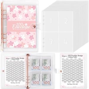 SKYDUE 100 Envelopes Money Savin Challenge Binder, A5 Money Saving Budget Binder with Cash Envelopes – Savings Challenges Book to Save $5,050(Cherry Blossom)