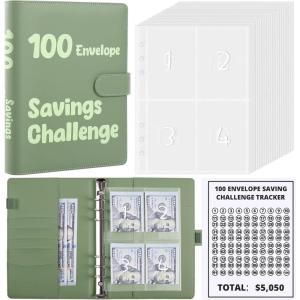 SKYDUE 100 Envelopes Money Savin Challenge Binder, A5 Money Saving Budget Binder with Cash Envelopes – Savings Challenges Book to Save $5,050(Olivegreen)