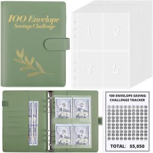 SKYDUE 100 Envelopes Money Savin Challenge Binder, A5 Money Saving Budget Binder with Cash Envelopes – Savings Challenges Book to Save $5,050(Olivegreen-leaf)