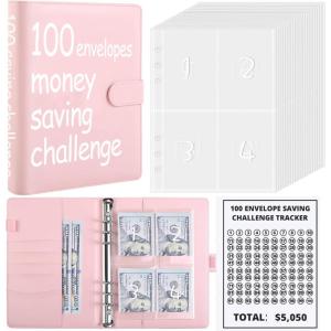 SKYDUE 100 Envelopes Money Savin Challenge Binder, A5 Money Saving Budget Binder with Cash Envelopes – Savings Challenges Book to Save $5,050(Pink)