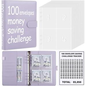 SKYDUE 100 Envelopes Money Savin Challenge Binder, A5 Money Saving Budget Binder with Cash Envelopes – Savings Challenges Book to Save $5,050(Purple)