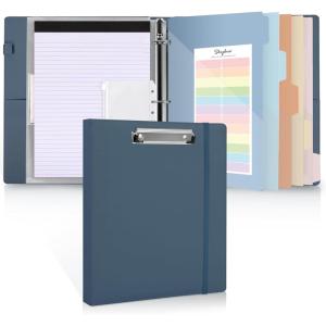 SKYDUE 3 Ring Binder with Clipboard, 2 Inch Binder, PU Clipboard Binder with Notepad & 5 Dividers with 5 Pockets, Labels, Clipboard Folder Great for School Office(Fit Letter Sized Paper)(Blue)