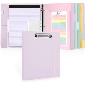 SKYDUE 3 Ring Binder with Clipboard, 2 Inch Binder, PU Clipboard Binder with Notepad & 5 Dividers with 5 Pockets, Labels, Clipboard Folder Great for School Office(Fit Letter Sized Paper)(Purple)